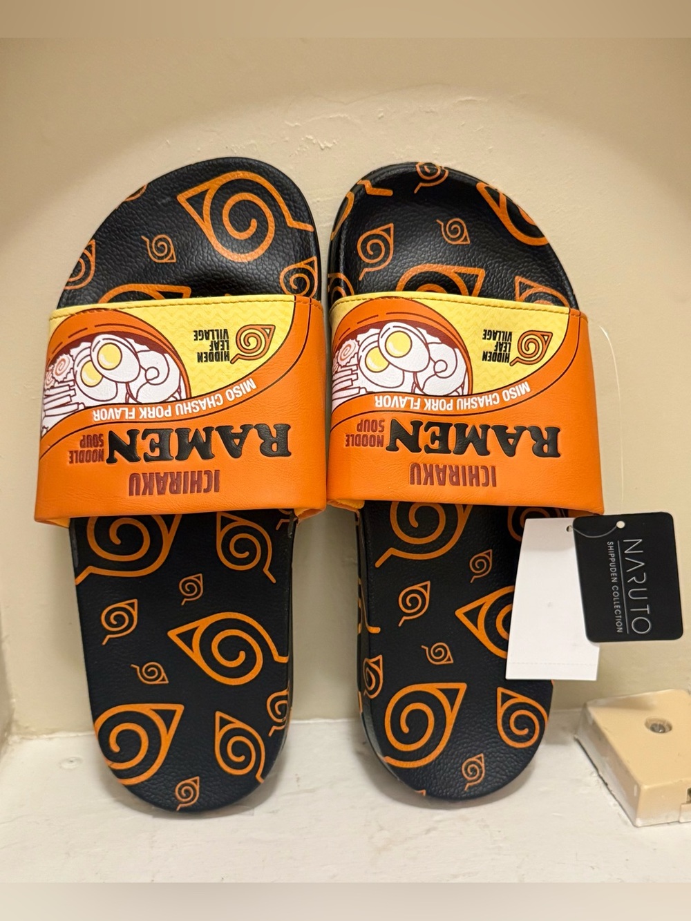 Naruto Ramen Graphic Slide Sandals - Orange & Black Size 8